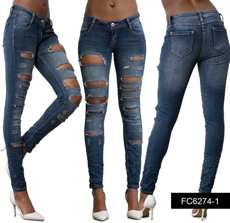 Womens Blue Ripped Knee Cut Skinny Jeans Faded Ladies Slim Fit Denim