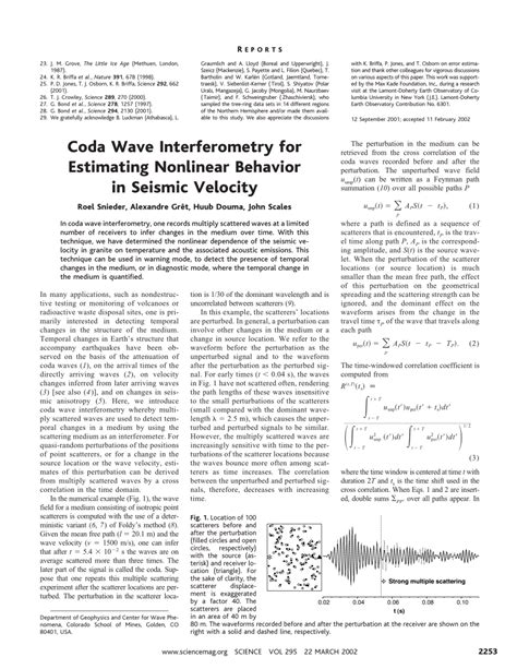 coda wave interferometry  estimating nonlinear behavior  seismic velocity