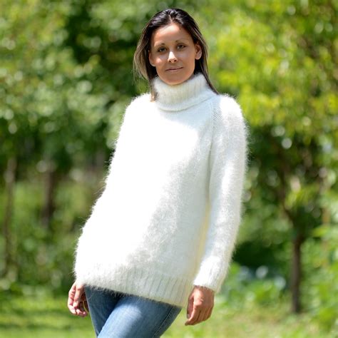 White Hand Knit Pure Angora Sweater Turtleneck By Extravagantza