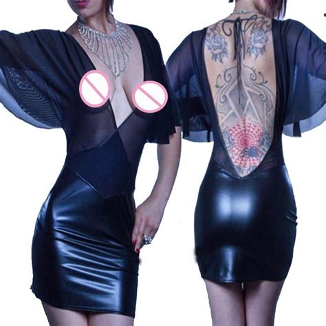 Black Club Dress For Women Mesh Vinyl Leather Patchwork