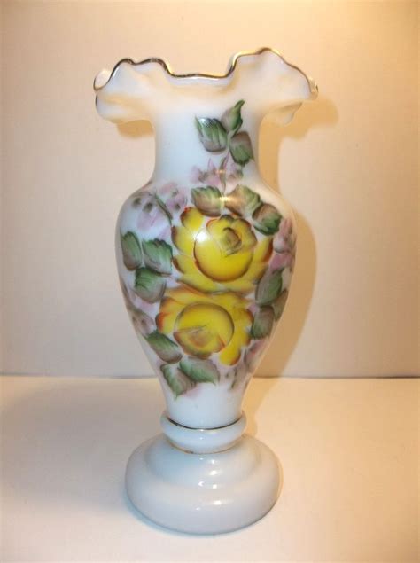 Vintage Milk Glass Vase Hand Painted Yellow Roses Gold Gilt Fluted Edge