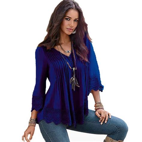 fashion women s blouse sexy crocheted lace solid v neck 3 4 sleeve