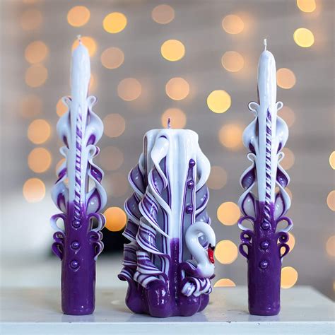 Wedding Purple Carved Candle Set With Swan Luxury Home