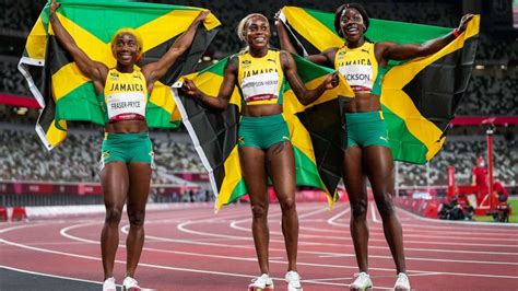 jamaica sweeps womens   tokyo olympics  elaine thompson herah