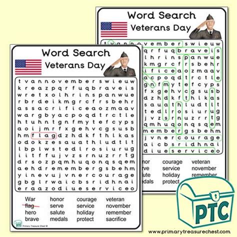 veterans day word search worksheet  primary treasure chest