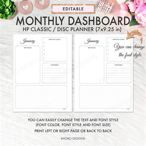 editable monthly dashboard layout classic happy planner etsy