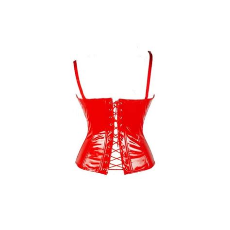 Hot Red And Black Vinyl Corset With Straps Buckles And Lace Up Back