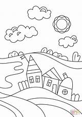 Coloring Village Pages Scene Drawing Printable Simple House Scenery Print Houses Drawings sketch template