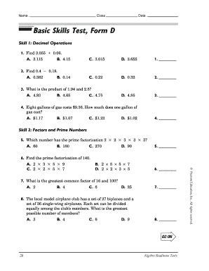 basic math skills assessment printable form fill   sign