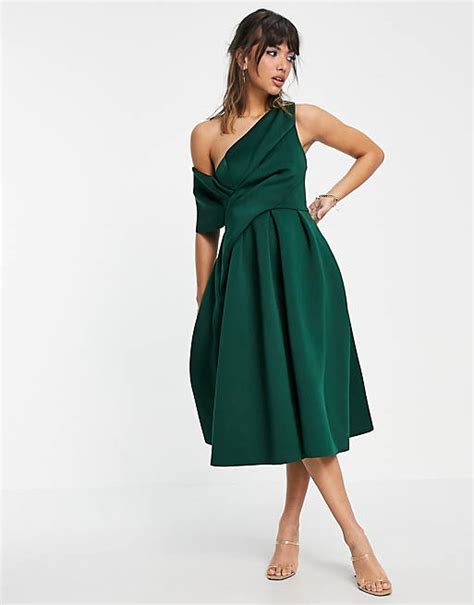 Asos Design Bare Shoulder Prom Midi Dress In Forest Green Asos