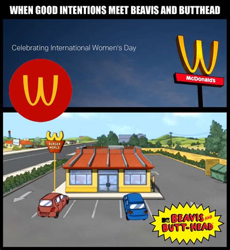 inverted mcdonalds sign  international womens day mimics beavis  buttheads burger