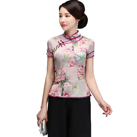 chinese traditional women mandarin collar blouse elegant mother short