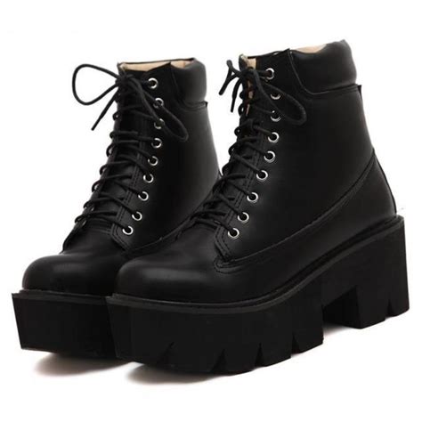 Black Lace Up Chunky Block Sole Funky Ankle Boots Shoes