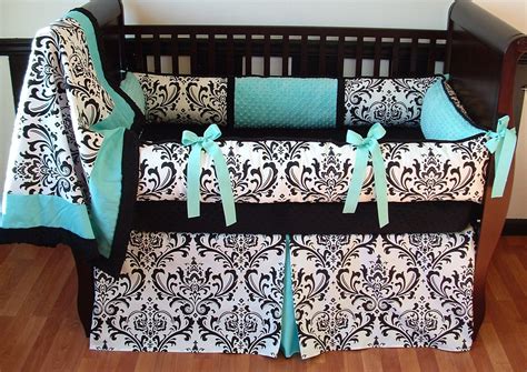 alexandra aqua this set includes the bumper blanket and crib skirt black and white damask