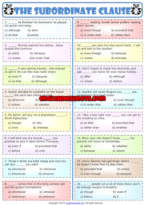 subordinate conjunctions multiple choice test worksheet