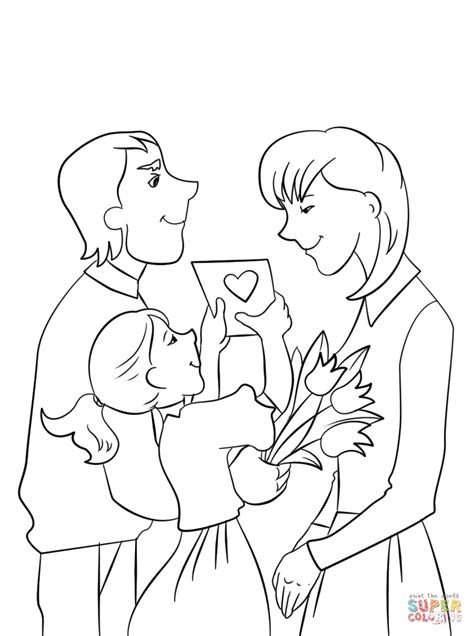 father  daughter presenting mother flowers  card  mothers day