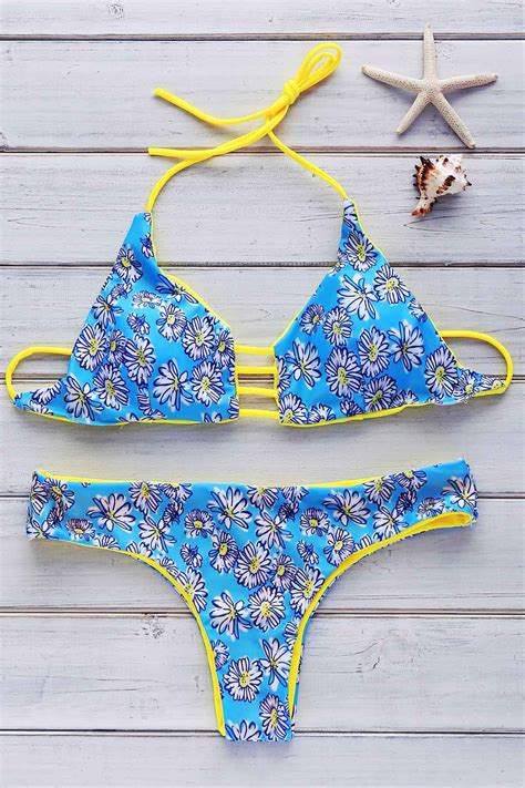 Halter Flowers Print Reversible Bikini Set Light Blue Bikinis