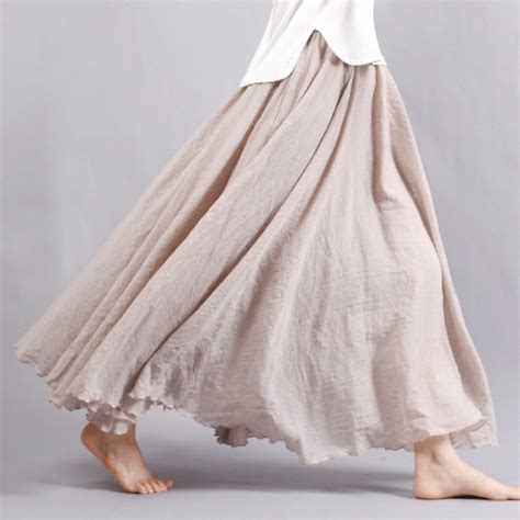2018 Women Linen Cotton Long Skirt Pleated Skirt Elastic Waist Maxi