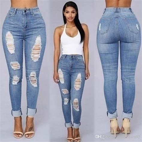 2019 pants for women hole ripped high waist jeans light blue washed pencil jeans woman new plus