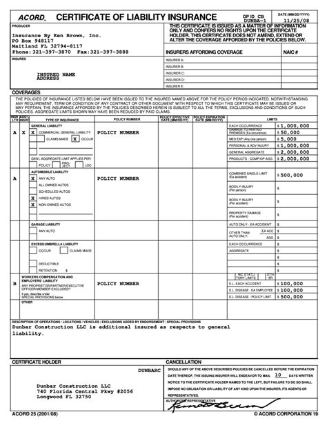 fillable certificate  insurance form printable forms