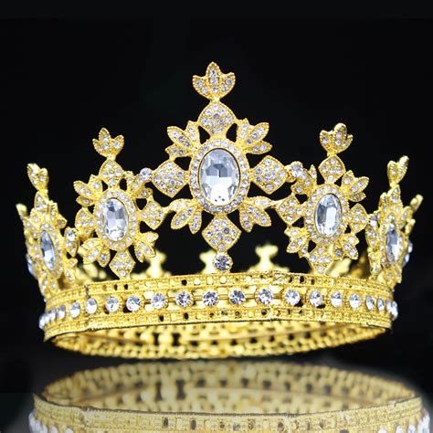 gold crystal royal bridal tiara crown full  queen vintage crown women prom hair ornaments