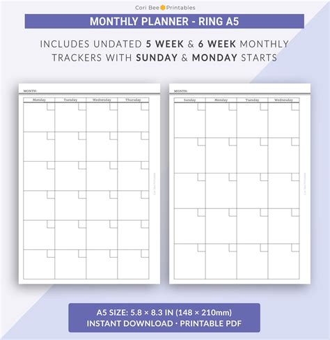monthly planner month   pages undated monthly etsy uk