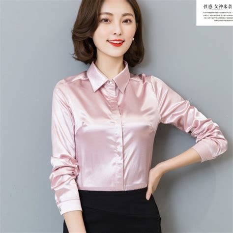 2017 spring long sleeve pink satin shirts women office ol satin blouses