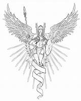 Valkyrie Coloring Tattoo Pages Drawing Norse Viking Freyja Tattoos Adult Colouring Mythology Angel Drawings Wings Fantasy Female Warrior Printable Designs sketch template