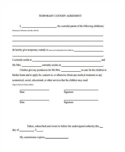sample custody agreement forms   ms word