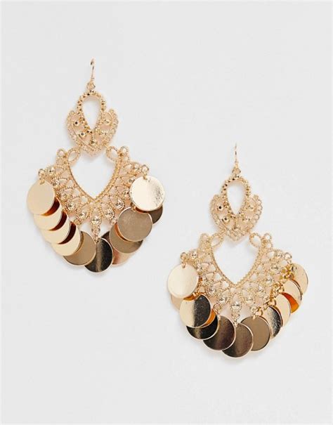 asos design earrings  disc drop detail  gold tone asos