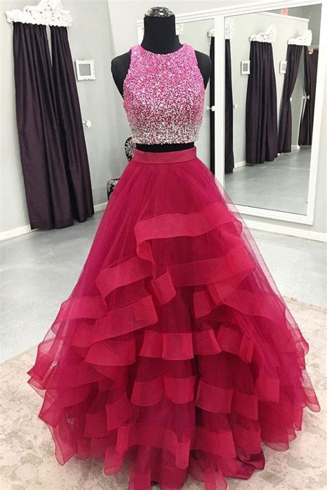 Hot Pink Tulle Two Piece Sequins Long Homecoming Dress