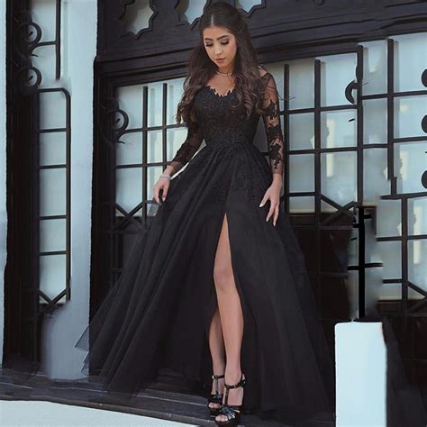 sexy slit black prom dresses 2020 lace long sleeve elegant formal