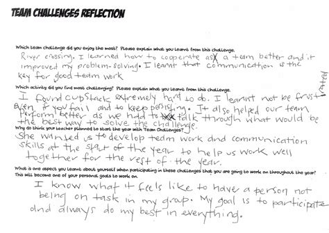 written reflection team challenges   australian curriculum