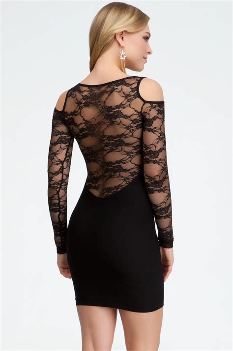 bebe cold shoulder lace inset dress in black lyst