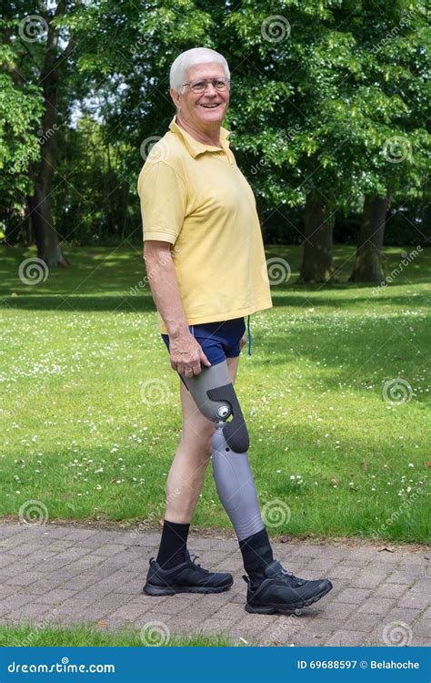 Happy Older Man Walking With Prosthetic Leg Stock Image Image Of