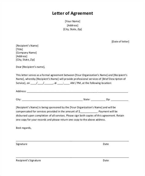agreement letter templates  sample  format  formal