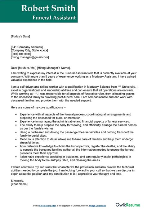 funeral assistant cover letter examples qwikresume