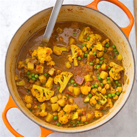 indian style curry  potatoes cauliflower peas  chickpeas