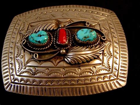 Vintage R Bennett Navajo Sterling Silver Turquoise Coral Belt Buckle