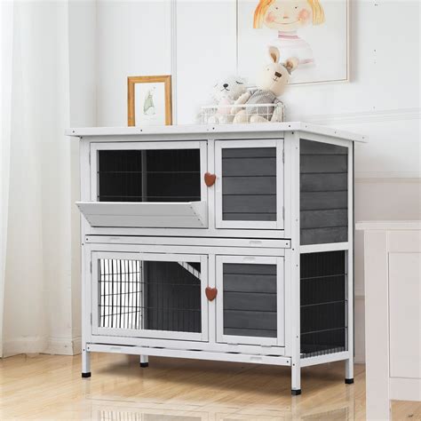 lovupet rabbit hutch cage  story indoor outdoor wooden bunny cage wood rabbit house  gray