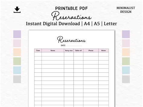 reservations list digital   printable   etsy uk