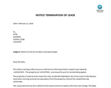 sample lease termination letter  landlord commercial