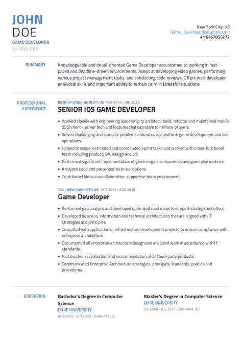 game developer resume   content sample craftmycv