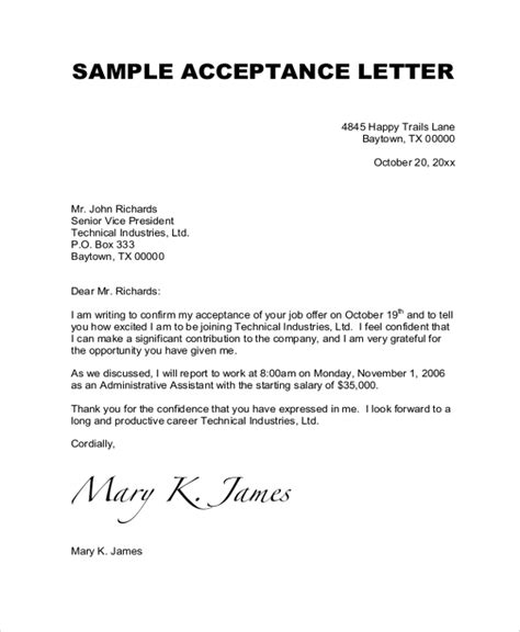 sample job acceptance letter  documents   word