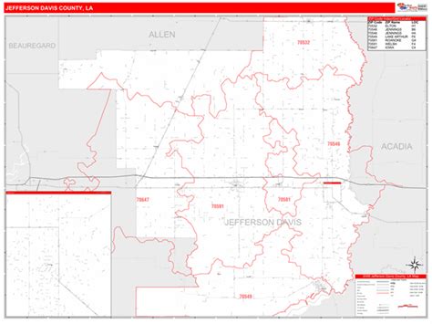 Jefferson Davis County La Zip Code Wall Map Red Line
