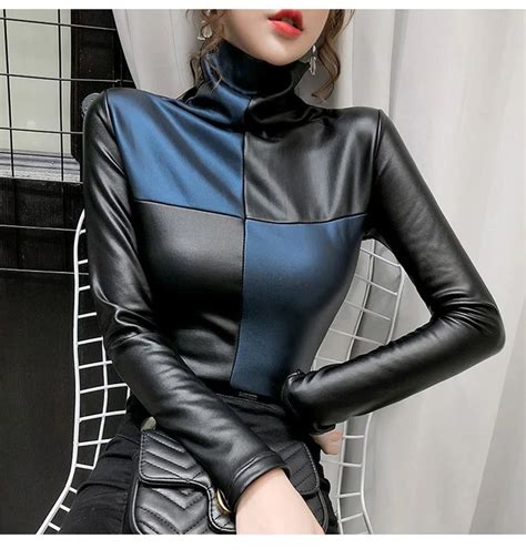 color block long sleeve turtleneck leather tops leather
