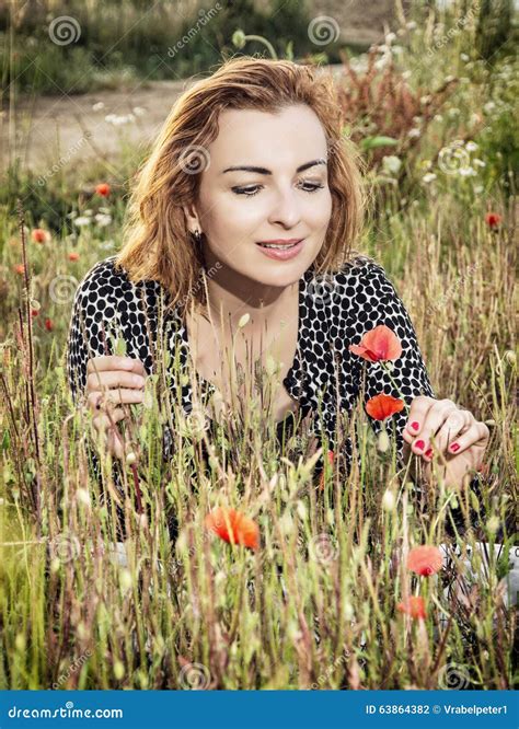 Beautiful Woman Posing In Poppy Flowers Field Beauty Fashion A Stock