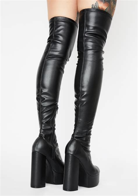 Black Vegan Leather Thigh High Platform Heeled Boots Stretchy Chunky