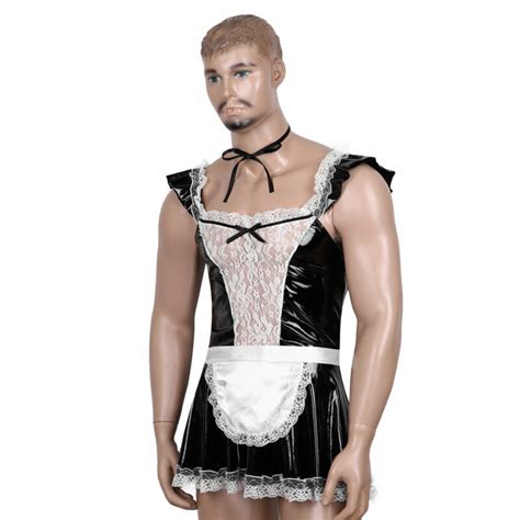 Mens Sissy French Maid Cosplay Costume Outfit Lace Fancy Mini Flared