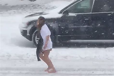 half naked woman goes on embarrassing blizzard walk of shame
